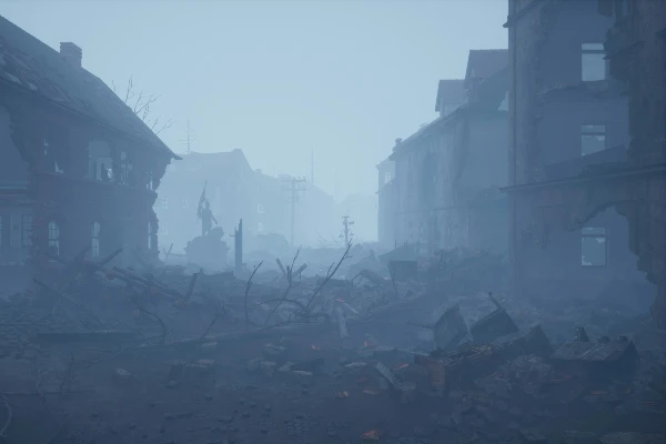 a foggy city street with buildings and rubble a foggy city street with buildings and rubble