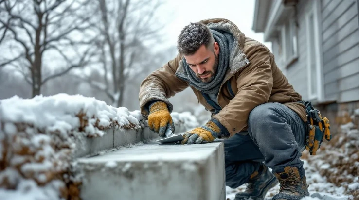 A foundation repair specialist from Powerlift working on a home’s foundation during winter A foundation repair specialist from Powerlift working on a home's foundation during winter