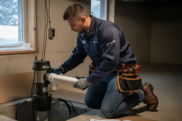 A professional from Powerlift is installing a sump pump at a house A professional from Powerlift is installing a sump pump at a house