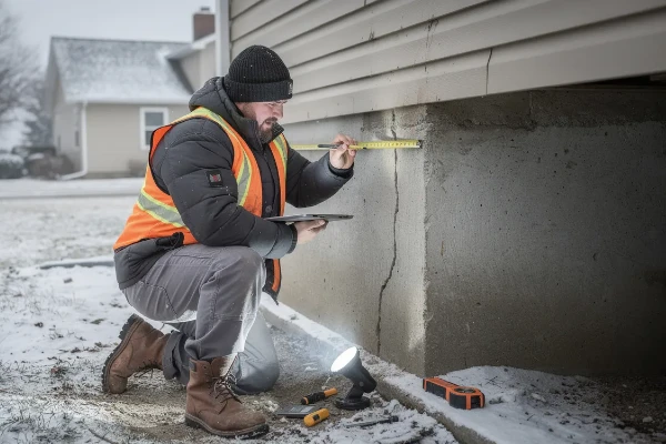 A powerlifting professional is conducting a foundation inspection during the winter months A powerlifting professional is conducting a foundation inspection during the winter months