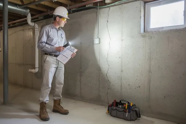 A professional is conducting a thorough foundation inspection in a home A professional is conducting a thorough foundation inspection in a home
