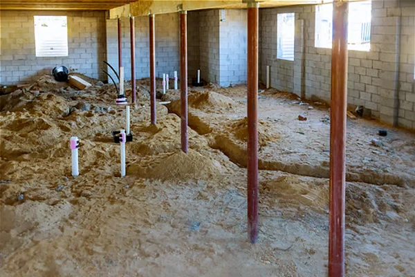 Installing sewer pipe in the ground basement mount a new pipe on the floor Installing sewer pipe in the ground basement mount a new pipe on the floor