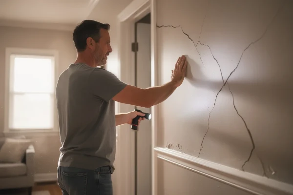 A homeowner is inspecting the walls of their house for cracks A homeowner is inspecting the walls of their house for cracks