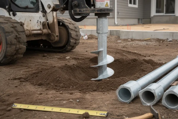 a set of helical piers being installed to address foundation issues in a home a set of helical piers being installed to address foundation issues in a home